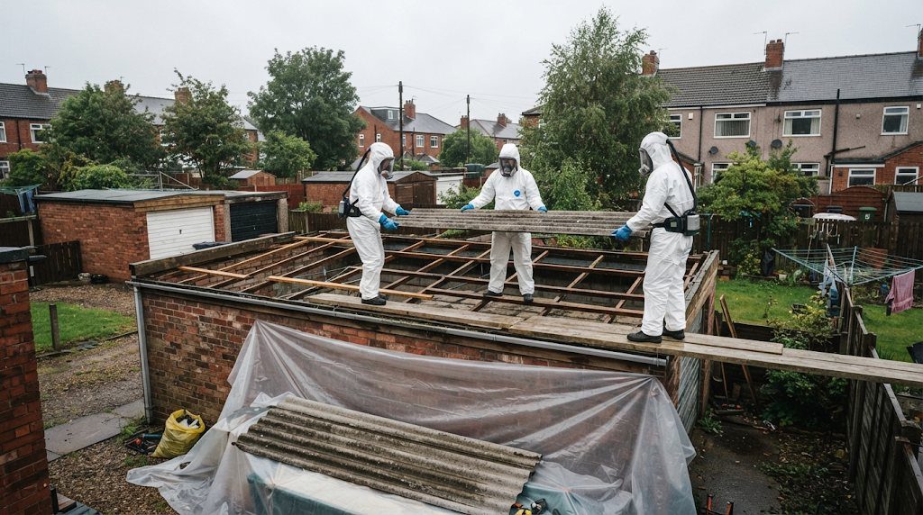A cement garage roof being taken down by licensed contractors.