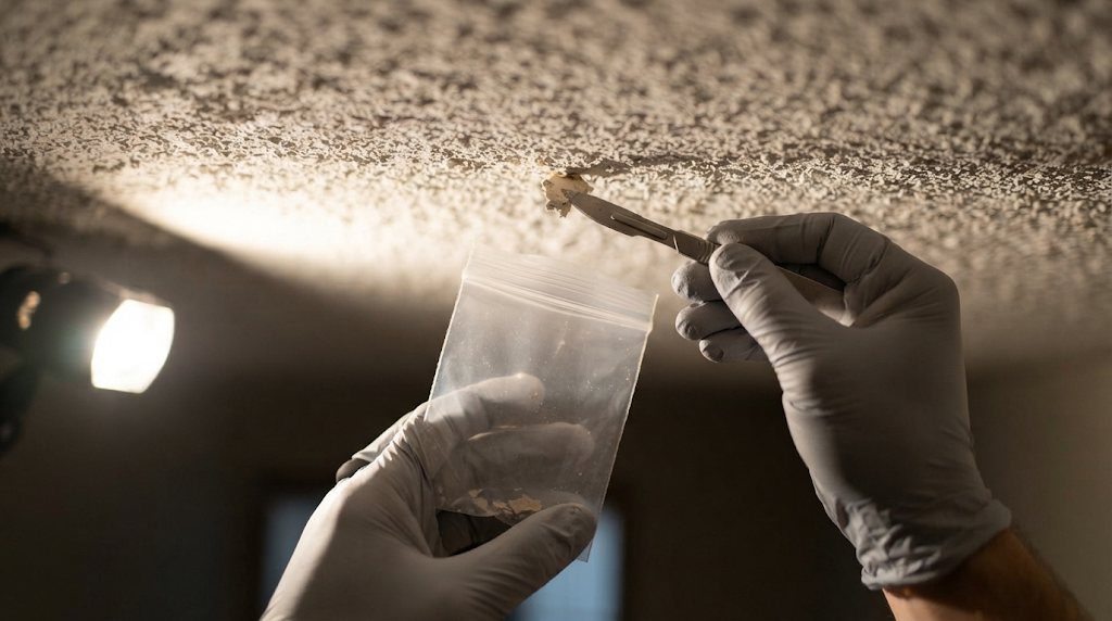 Sampling a textured ceiling: one small sample sealed for the laboratory.